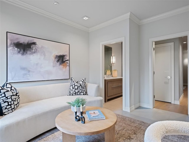 living room with ornamental molding