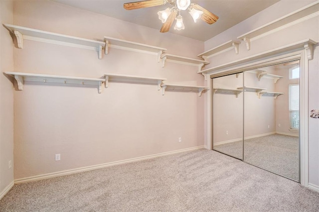 spacious closet with ceiling fan and carpet