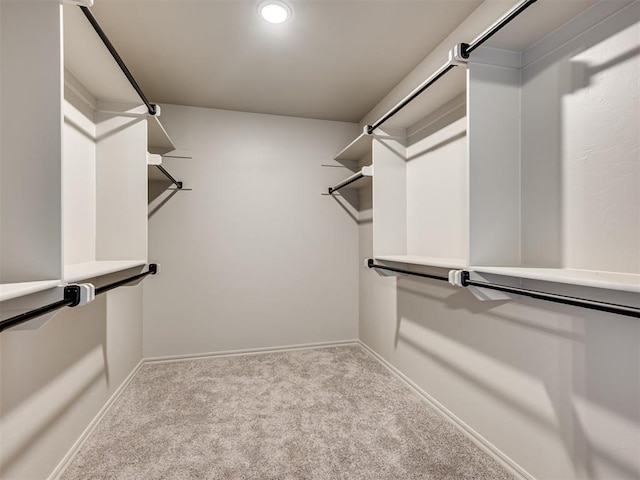 walk in closet with light carpet