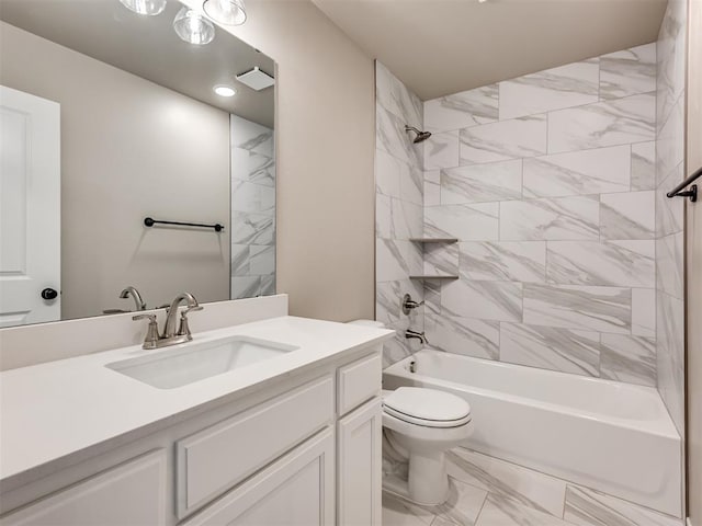 full bath with toilet, marble finish floor, vanity, and shower / bathtub combination