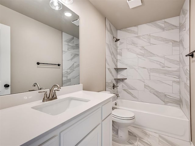 1995 Classic Run, Blanchard, OK 73010 - bathroom featuring vanity, toilet, marble look tile flooring, washtub / shower combination, and recessed lighting