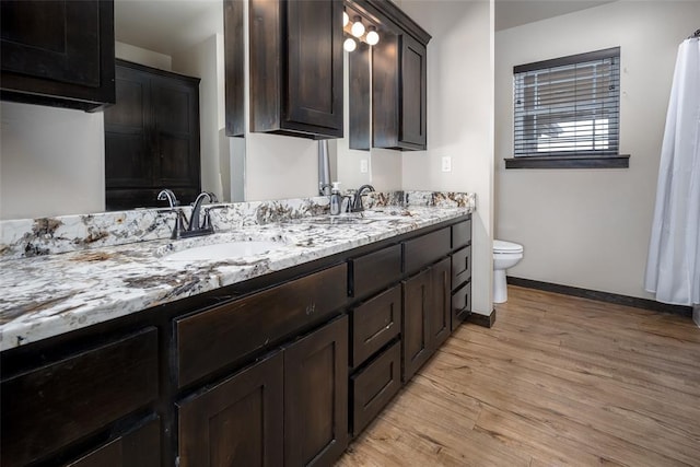 bathroom with hardwood / wood-style floors, vanity, and toilet