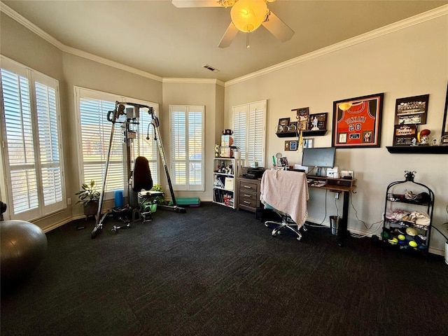 office area featuring ceiling fan and crown molding