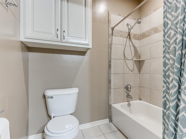 bathroom with tile patterned flooring, shower / tub combo, and toilet