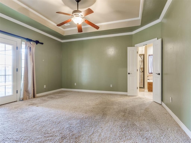 empty room featuring ornamental molding, carpet, plenty of natural light, and a tray ceiling