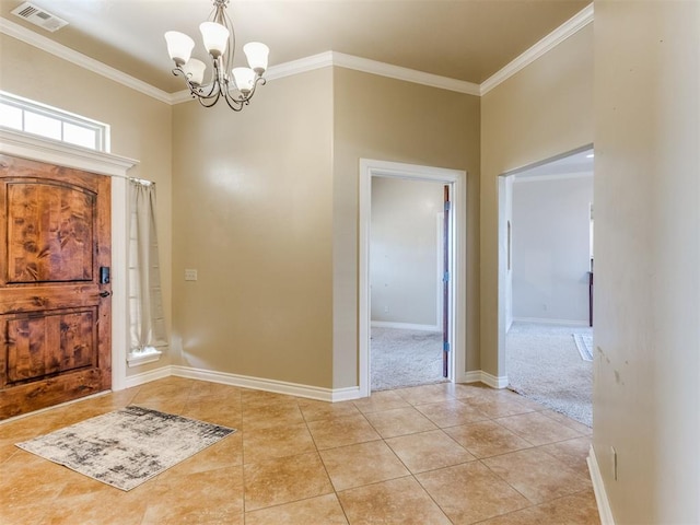 foyer featuring crown molding, light tile patterned floors, and a notable chandelier