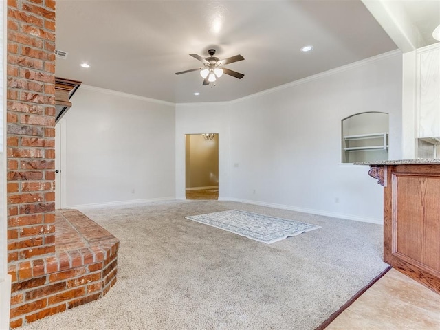 unfurnished living room featuring ornamental molding, light colored carpet, and ceiling fan