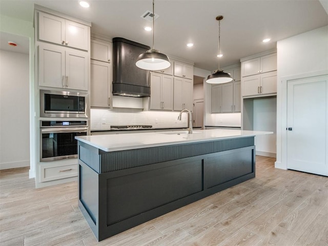 1203 Jaden Blvd, Tuttle, OK 73089 - kitchen with appliances with stainless steel finishes, a sink, custom range hood, light wood-type flooring, and tasteful backsplash