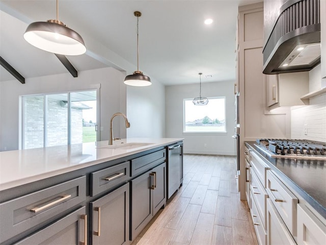 1203 Jaden Blvd, Tuttle, OK 73089 - kitchen featuring a sink, extractor fan, appliances with stainless steel finishes, light wood-type flooring, and backsplash