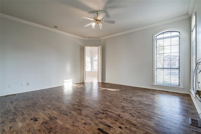 unfurnished room featuring dark wood-type flooring, ceiling fan, and ornamental molding