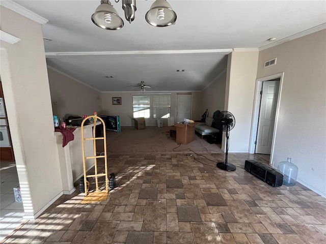 additional living space with ceiling fan with notable chandelier