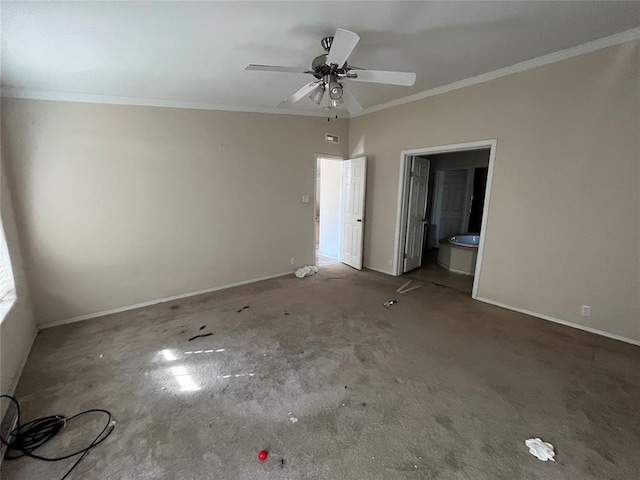 unfurnished bedroom with ensuite bathroom, ceiling fan, and crown molding