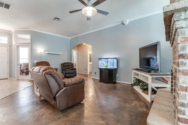 living room with ceiling fan and ornamental molding