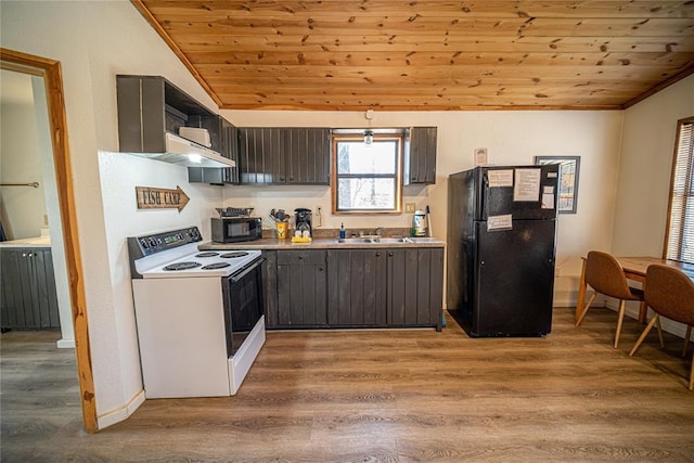 kitchen featuring sink, wooden ceiling, vaulted ceiling, dark brown cabinets, and black appliances