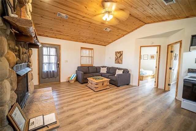 living room with wood ceiling, ceiling fan, wood-type flooring, a fireplace, and lofted ceiling