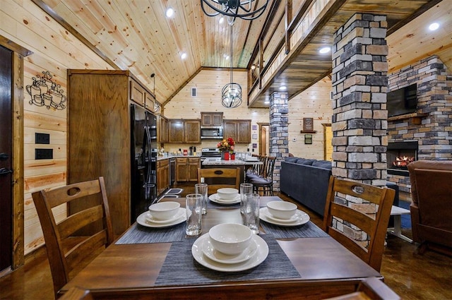 dining area with ornate columns, an inviting chandelier, high vaulted ceiling, wooden ceiling, and wood walls