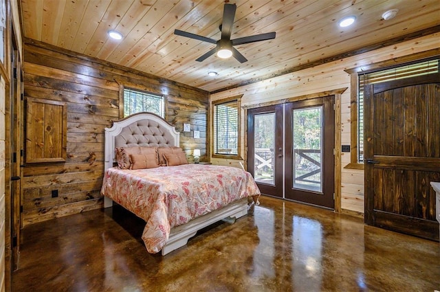 bedroom with wooden walls, ceiling fan, wood ceiling, and access to outside