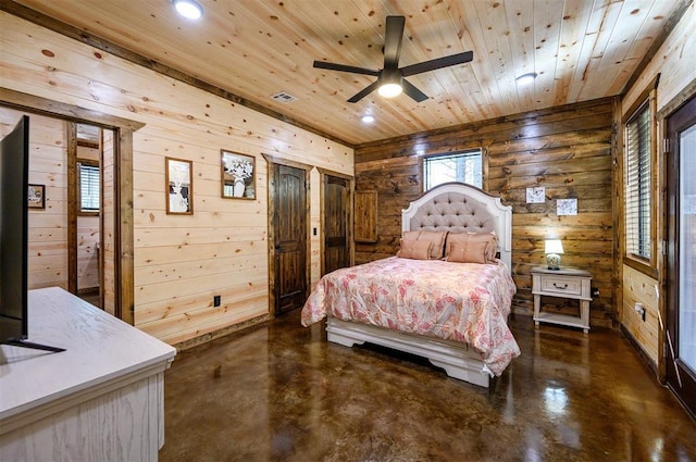 bedroom featuring ceiling fan, wood ceiling, and wooden walls