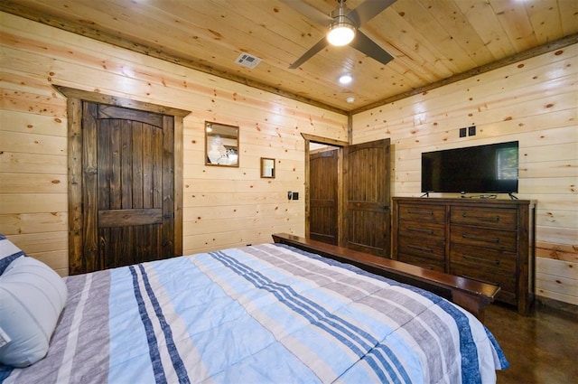 bedroom featuring dark carpet, wood ceiling, ceiling fan, and wood walls