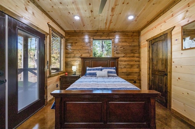 bedroom featuring access to exterior, wooden ceiling, and wooden walls