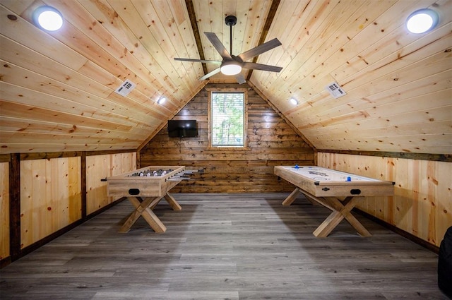 recreation room with dark wood-type flooring, lofted ceiling, wooden ceiling, and wooden walls