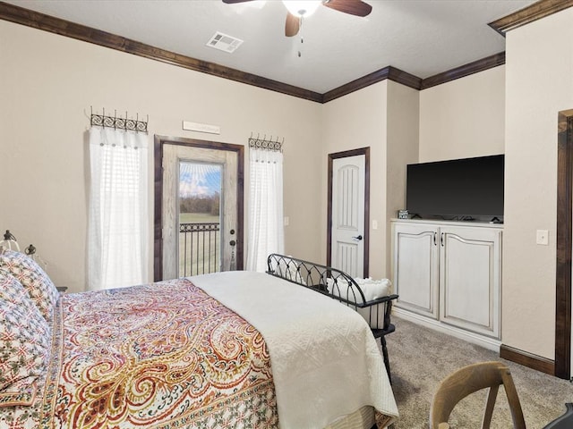 bedroom featuring ceiling fan, ornamental molding, carpet flooring, and access to outside