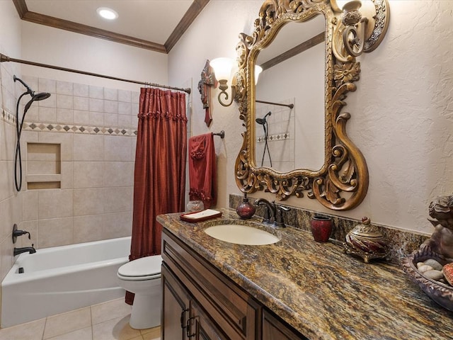 full bathroom featuring ornamental molding, vanity, shower / tub combo, toilet, and tile patterned floors