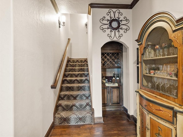 stairs with ornamental molding and wood-type flooring