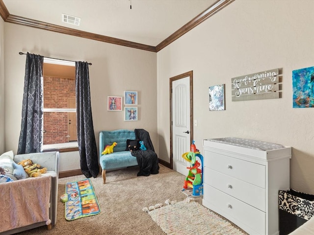 5451 Cottonwood Creek Cir, Norman, OK 73069 - playroom with crown molding, carpet, and baseboards