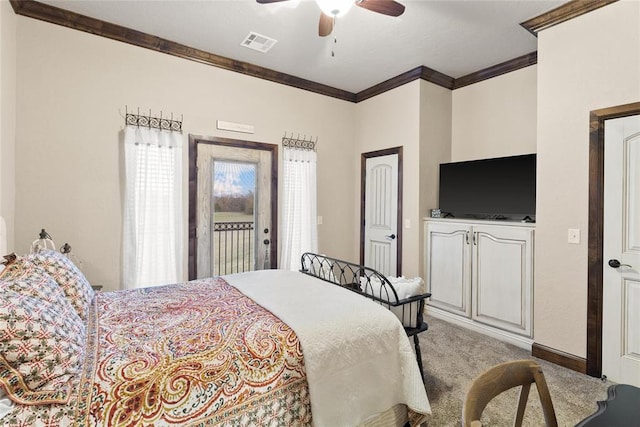 5451 Cottonwood Creek Cir, Norman, OK 73069 - bedroom with crown molding, access to exterior, light colored carpet, and a ceiling fan