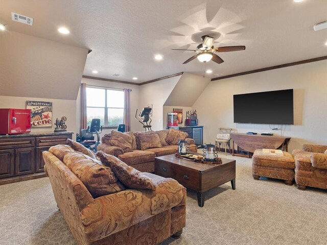5451 Cottonwood Creek Cir, Norman, OK 73069 - living area with light colored carpet, recessed lighting, a ceiling fan, and crown molding