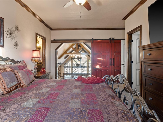 5451 Cottonwood Creek Cir, Norman, OK 73069 - carpeted bedroom with ornamental molding and ceiling fan