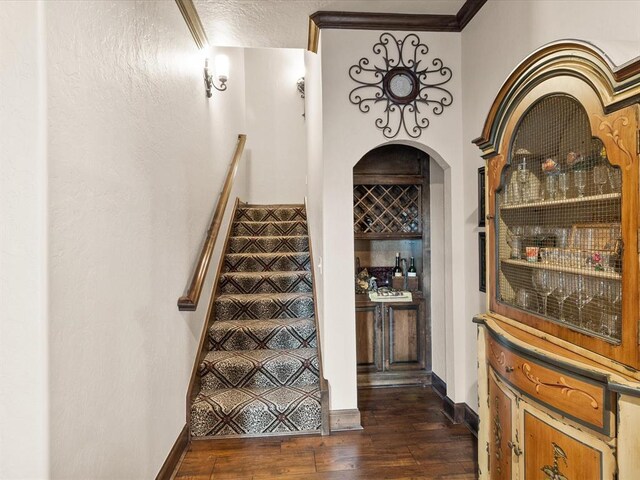 5451 Cottonwood Creek Cir, Norman, OK 73069 - stairs with wood-type flooring, baseboards, and ornamental molding