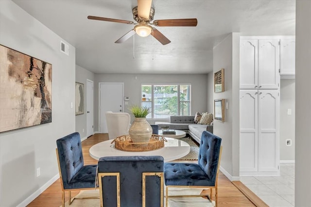 dining room featuring ceiling fan and light hardwood / wood-style floors