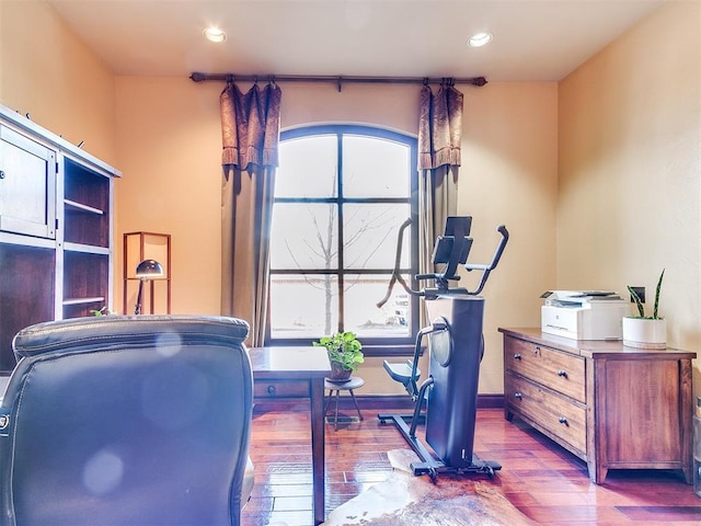 workout area featuring wood-type flooring