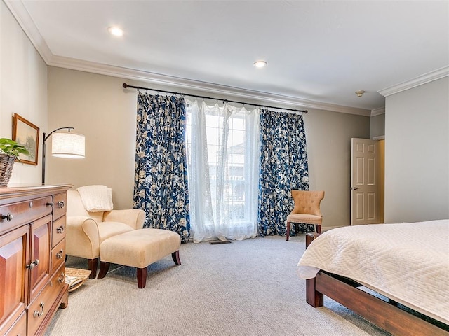 bedroom featuring light carpet and ornamental molding