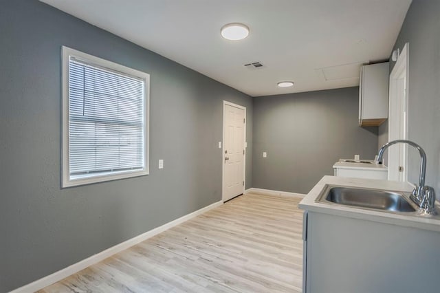 clothes washing area with sink and light wood-type flooring