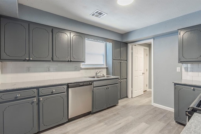 kitchen featuring sink, gray cabinets, tasteful backsplash, stainless steel dishwasher, and light wood-type flooring