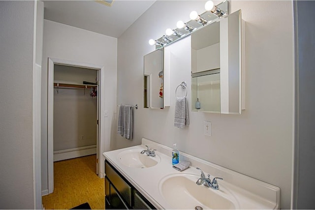 bathroom featuring wood-type flooring, vanity, and a baseboard radiator