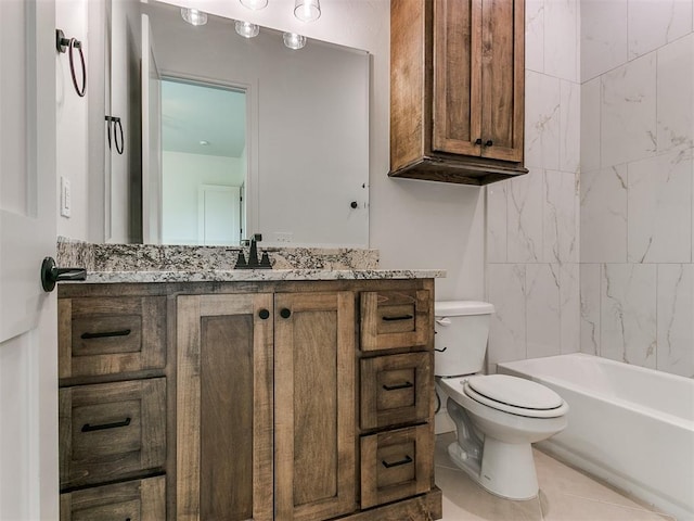 full bathroom featuring shower / tub combination, tile patterned flooring, vanity, and toilet