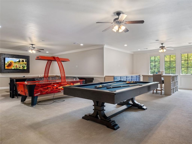 playroom featuring light colored carpet, crown molding, and billiards