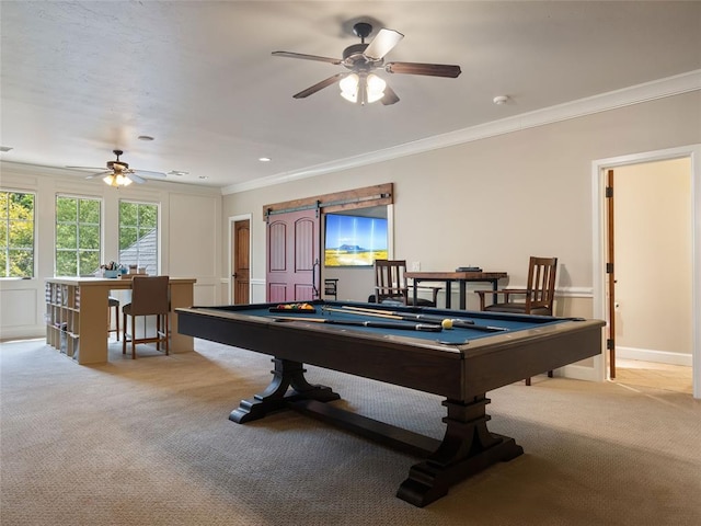 recreation room featuring light carpet, crown molding, and pool table