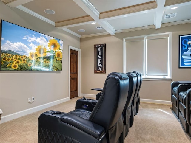 cinema featuring beam ceiling, light colored carpet, coffered ceiling, and ornamental molding