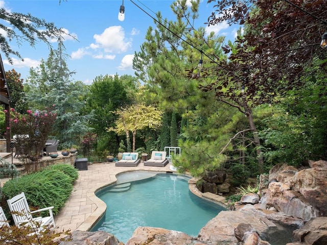 view of swimming pool with outdoor lounge area and a patio