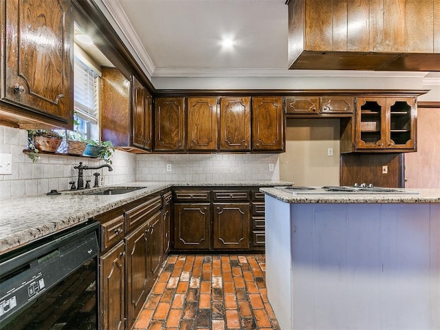 kitchen with decorative backsplash, sink, light stone counters, and black dishwasher