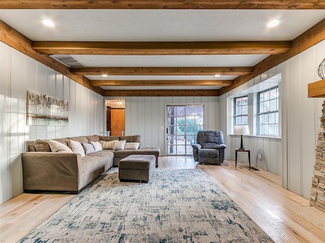 living room featuring wood walls and light hardwood / wood-style floors