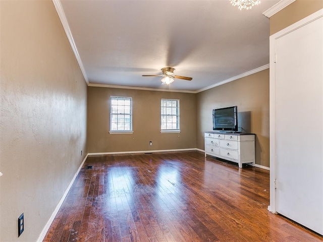 unfurnished living room featuring ceiling fan, dark hardwood / wood-style floors, and ornamental molding