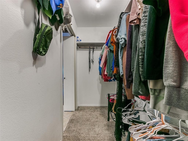 walk in closet featuring light colored carpet