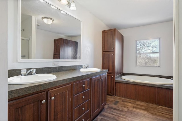 bathroom featuring a washtub, wood-type flooring, and vanity