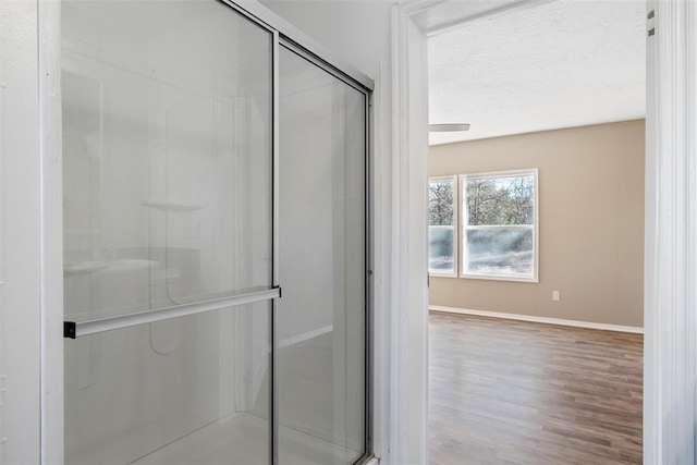 bathroom with hardwood / wood-style flooring and walk in shower